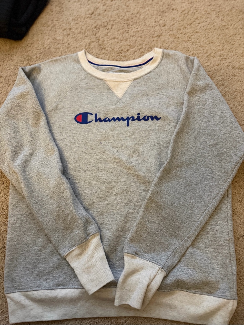 Champion Light Gray Crewneck Sweatshirt with Navy & Red Logo